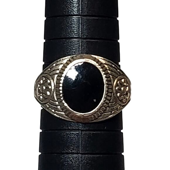 Silver Tone Ring Black Enamel Cabochon Sz 8 Floral - Picture 1 of 5